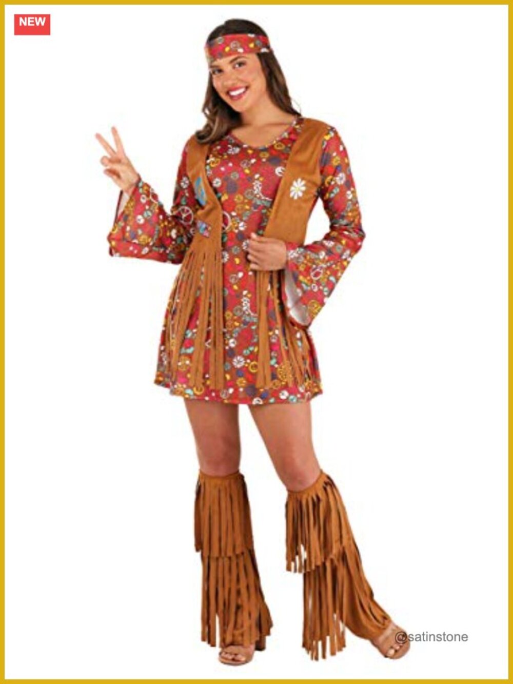 Peace Love Hippie Costume Dress Vest Headband Boot Covers Adult
